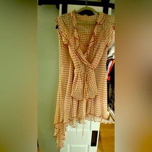 Laundry red polka dot skirt with matching wrap top and a pink satin shell